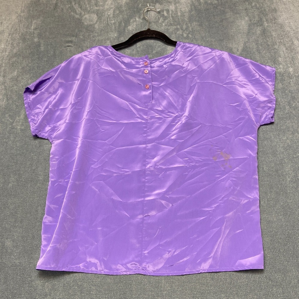 VTG Christie & Jill Satin Blouse Top Womens Large Purple Button Front Round Neck